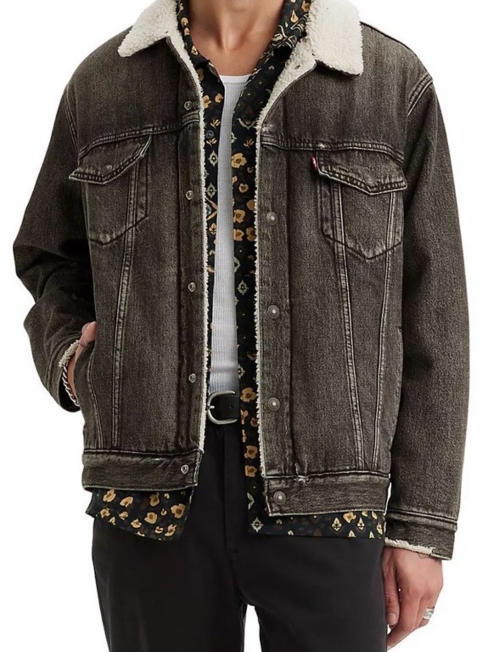 Levi's Men’s sizes NWTBlackish/Gray Washed Denim Sherpa Jacket with Cream Collar